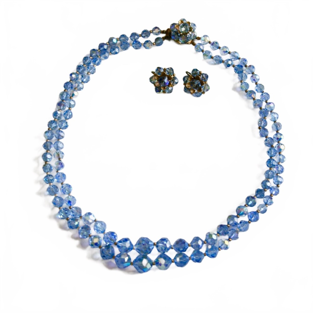 Vintage BlueCrystal Necklace and Clip-on Earrings